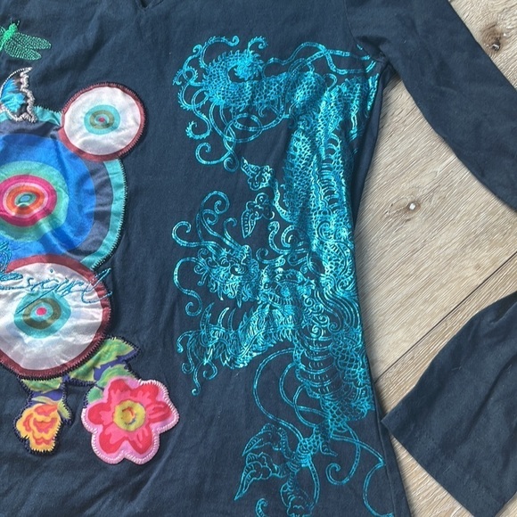 DESIGUAL Girl's Tunic Top Long Sleeve Embroidered Dragonfly Applique - Picture 3 of 7